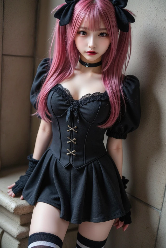 (8K, top-quality, masterpiece:1,2), (reallistic, Photorealsitic:1.37), Super Detail, One girl,), (Highly detailed), (beautifully detailed eyes), (of the highest quality), (super detailed ), (masterpiece), (Detailed face),20yr old, ,1 girl, ((pink hair)), medium breasts, clothed, Perfect Lighting, pussy and breast focus, looking at viewer, (black lace cardigan:1.3), (white frill blouse:1.3), (red velvet corset:1.4), (black and red checkered miniskirt:1.4), (fluffy A-line silhouette:1.2), (white lace trim on skirt hem:1.2), (ribbon and button accents on corset:1.2), (black knee-high socks:1.3), (black loafers with red ribbon:1.3), (red ribbon headband:1.2), (black lace gloves:1.2), (white pearl necklace:1.2), long curly hair, bangs, side hair behind ears, headband on top, big eyes, long eyelashes, small open mouth, tongue out, red cheeks, cute expression, both hands in front of chest, playing with necklace, shoulders up, chest emphasized, dark curtains and lace, gothic atmosphere, candles and clock, antique items, soft light on subject, deep shadows, high contrast, warm colors, retro impression
