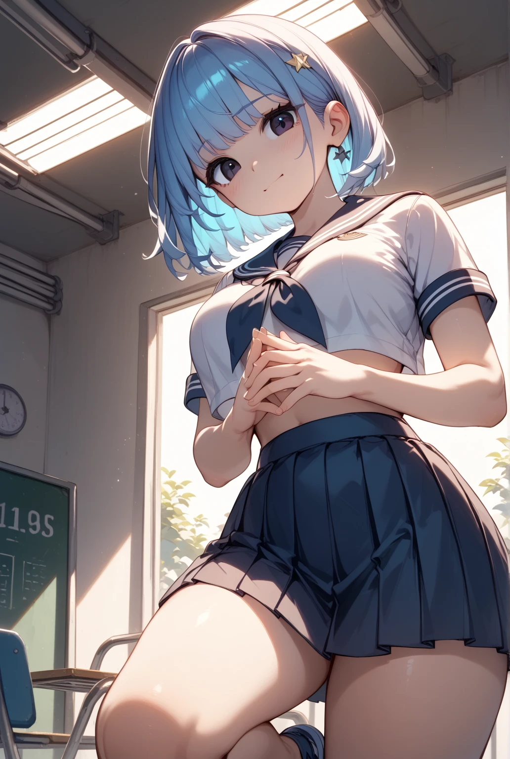 (Highest qualityのイラスト:1.2), (pretty girl:1.1), (1 girl、、Highest qualityのイラスト:1.2), (1 girl、smile、Beautiful breasts、Very detailedな目:1.2)、Bright blue hair、Short Bob Hair、(Highest quality、Very detailed、Very detailed and beautiful、Ultra-high resolution) 、Stylish cafe、waitress、Cute outfits with frillaid Style、Coordination of white and light blue、from behind, from below