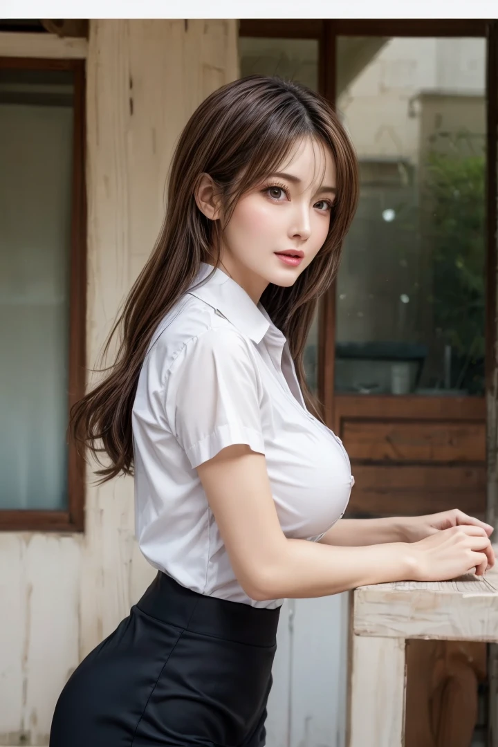 A smile、sitting on、(((pantyshot)))、(((Spread your legs apart)))、独奏、Classroom、A smile、watching at viewers、(Sit up:1.5)、In the school、large full breasts、Fine and beautiful eyes、)、(Bright blonde hair)、(Hair long hair:1.1)、The shirt opens to reveal cleavage、pantyshot, Spread your legs apart, skirt by the, student clothes, Black panties, sockes, light brown hair, The shirt, bblurry, blurry backround, knee high,