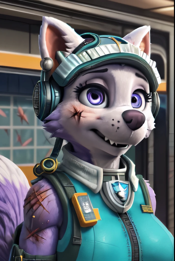 Everest, ((Paw Patrol)), ((female solo)), domestic dog, female, adult female, (blue eyes:1.45), (purple fur:1.45), ((lavender body)), (wearing Paw Patrol bagpack:1.45), ((wearing aqua winter hat)), (wearing turquoise open vest:1.45), ((sharp teeths)), ((large fangs)), (Shiny eyes:1.6), ((Pixar eyes)), perfect eyes, ((glowing eyes)), (hyper realistic:1.65), long fluffy tail, very large tail, tail up, very furry and fluffy, ((very large fangs)), perfect ligthing, (metro station background:1.45), (inside a metro car:1.0), ((many hearts all over the screen)), (front view:1.45), ((seductive break)), ((spread legs)), spread legs, (rajii:1.1) (dimwitdog:1.1), (thesecretcave:1.25), (cooliehigh:1.1), (miles-df:1.1), (complextree:1.1), (pixelsketcher:1.1), (foxovh:1.1), (zaush:1.1), (avante92:0.70), (meesh:1.1), (inu-sama:0.80), (cervina7:1.1), (F-R95:0.70), (R-mk:1.1), (xpray:1.1), (standing tall:1.65), (large fluffy tail:1.65), (close up to face:1.0), (mischievous expression:1.95), (wearing turquoise shirt:1.25), (anthropomorphic:1.45), (wounded body:1.85), (scars all over her body:1.45), (some muscles:1.45), (strong female:1.35), (hyper breasts:1.25), (wearing tactical headphones:1.65), botw style, everest-pp, (several furries at background:1.45), (several people passing by:1.45)