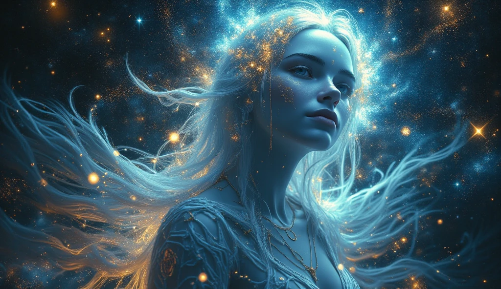 Cosmic Fallen Angel, glowing light eyes, Delicate and beautiful face，Bigchest，Biomechanical, eerie, Dream-like, Very bright colors, Light particles, with light glowing, Mshiv, wallpaper art, UHD wallpaper
