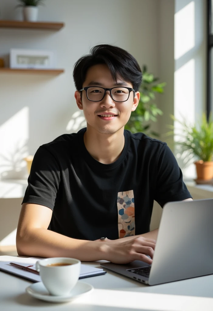 A young Asian man with short black hair and glasses, wearing a modern black T-shirt with an abstract vertical pattern, sitting at a clean work desk. He is facing the camera directly with a confident and relaxed expression. The camera angle is a medium close-up (from chest to head). In front of him is a sleek laptop, a notebook, and a cup of coffee. The room has minimalist decor with natural light from a nearby window, creating soft shadows. The background includes a white or neutral-colored wall with subtle shelving or indoor plants. Cinematic lighting, realistic texture, high-detail skin, professional photo quality.