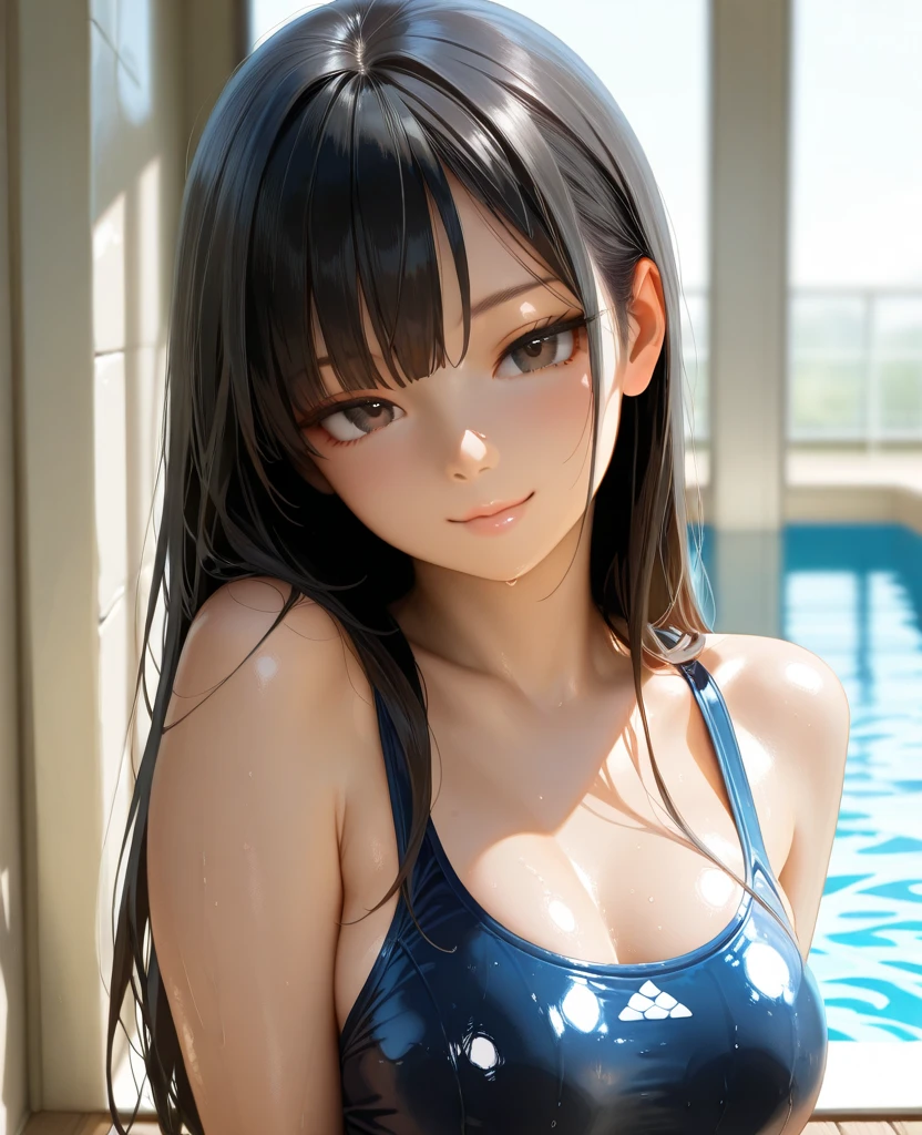 ((table top, highest quality, High resolution, nffsw, perfect pixel, written boundary depth, 4K, nffsw, nffsw))), 1 girl, single, alone, beautiful anime girl, beautiful art style, anime character, ((curl outward hair, bangs, brown hair)), ((green eyes:1.4, round eyes, beautiful eyelashes, realistic eyes)), ((detailed face, blush:1.2)), ((smooth texture:0.75, realistic texture:0.65, realistic:1.1, Anime CG style)),  dynamic angle, ((Black shiny patterned micro bikini, Fashionable, )), smile,  Hotel poolside,evening,raise your arms,Show your audience the side