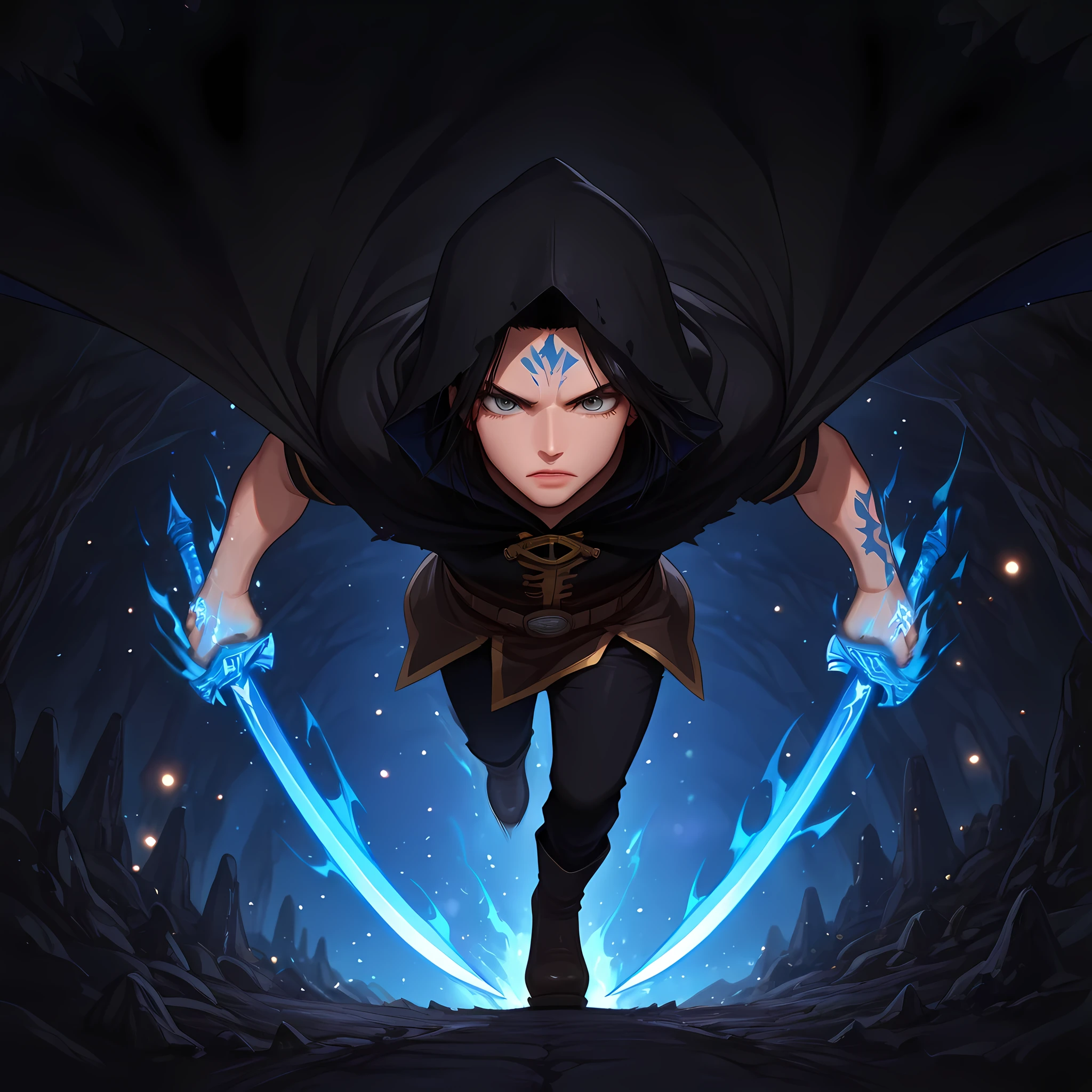 ((extreme close-up, Cinematic zoom-in, Motion Blur, high rear angle):1.2), ((masterpiece, epic action, best quality, ultra realistic, rich facial details, rich scenery details, full HD, 8k, ultra detailed action scene of a black mage walking towards a black dragon):1.2), cinematic composition, 85mm DSLR lens, shallow depth of field, volumetric light:1.05, moonlight rays:1.05, black sword flame light:1.2, ambient light:1.2, glow:1.2, lens flare:1.2, {Zeref from Fairy Tail and Acnologia}:(1man, solo, man walking in a dark and damp cave, man adjusting his black cloak to the side with his hand, messy dark black hair, messy bangs, gray eyes, black cloak with rips at the ends, black hood, strong body, black long pants, dark blue leather boots, blue dragon symbol on forehead, blue rose tattoo on arms, wizard outfit, blue aura around body, blue flames on hands), ((detailed textures, bokeh, night atmosphere, light centered on wizard in the darkness of cave, atmospheric blur, walking towards a black dragon flying away from the cave, apathetic expression, dragon flying in the middle of the cave, looking authoritatively, blue circular eyebrows):1.10).