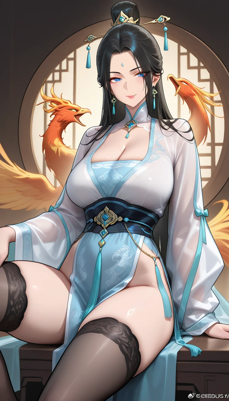 Masterpiece、need、1 woman、blue clothes、Traditional Thai dress, blue strapless、full body photo、ancient thai style、 White cloth buns, steamed buns、black hair、Leaky shoulder、The chest is large.、Long, slender legs、smile、black stockings、ริมฝีปากpinkอ่อน、Embroidered clothing、high-heels,(big tits),sexy, slightly seductive expression, big breasts,Show your breasts,The cracks are clear....,((big tits)),(pubic bone), rift, visible chest,seductive pose,I see bulging nipples.,(((large areolae:1.4,pink,The nipples are clearly visible.......)))