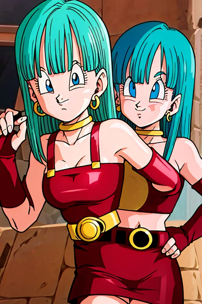 ultra detailed, masterpiece, best quality, solo, soft smile, light smile, Bulla, Dragon Ball,
long hair, aqua hairbangs, collarbonebridal gauntlets, eyelashes, hoop earrings, eyebrows,miniskirt,hairband, red hairband, earrings, blue eyes,elbow gloves, red gloves, fingerless gloves, crop top, red topwear, midriff, yellow belt, skirt, red skirt, big breast, big ass,confused face expresion, sin imperfecciones, dibujo perfecto, masive breast,