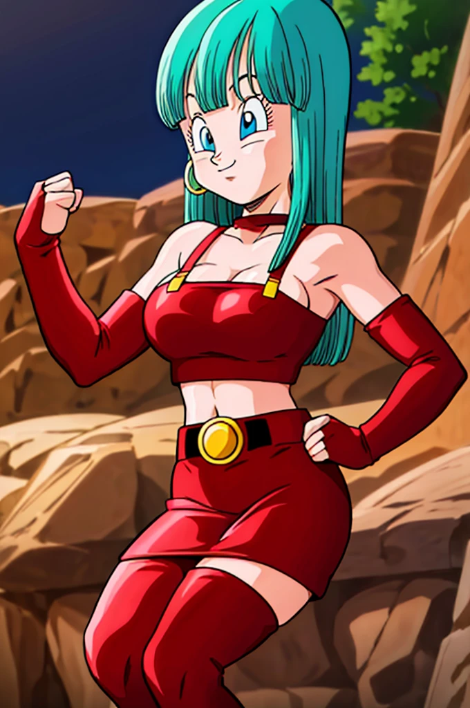ultra detailed, masterpiece, best quality, solo, soft smile, light smile, Bulla, Dragon Ball,
long hair, aqua hairbangs, collarbonebridal gauntlets, eyelashes, hoop earrings, eyebrows,miniskirt,hairband, red hairband, earrings, blue eyes,elbow gloves, red gloves, fingerless gloves, crop top, red topwear, midriff, yellow belt, skirt, red skirt, big breast, big ass,confused face expresion, sin imperfecciones, dibujo perfecto, masive breast,red clothes,