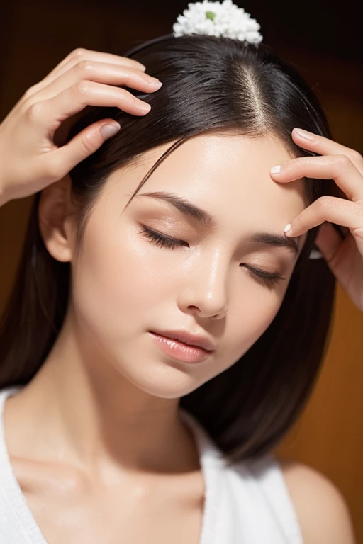 Create a profile of a doctor applying botox to a young model with black hair lying on a gurney in a facial matching clinic 