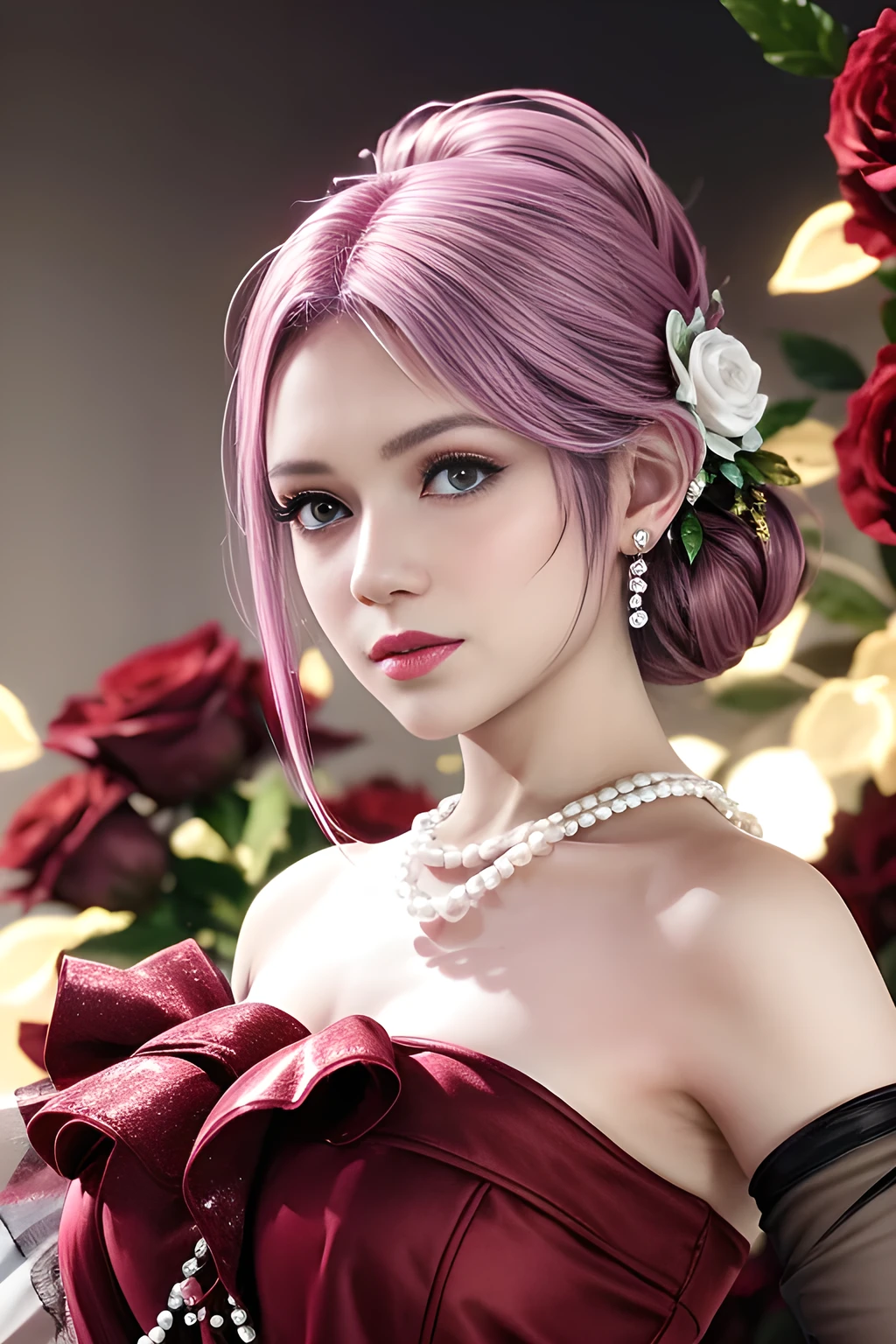 Best image quality, outstanding detail, ultra high resolution, (realism: 0), best illustration, prefer details, highly condensed 1girl, delicate and beautiful face, long hair, disheveled hair, big, blush, cleavage, wet skin, a beautiful woman with violet hair and bright violet eyes, holding a rose with her enchanting smile, in a garden.