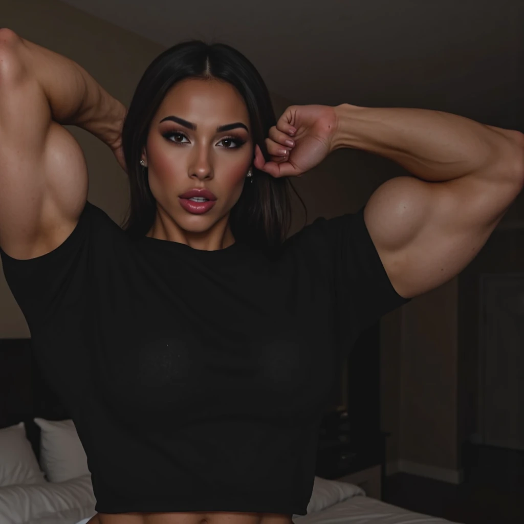 This image features a strikingly beautiful woman her Italian and Asian features blending together in a unique and captivating way, her tall and athletic frame radiating strength and grace. Her mixed heritage is evident in her features, and her passion for fitness is reflected in her toned physique. Bikini she wears adds a touch of allure to the scene, set against the backdrop of a luxurious badroom .she shows off her butt, her small tanga Is black