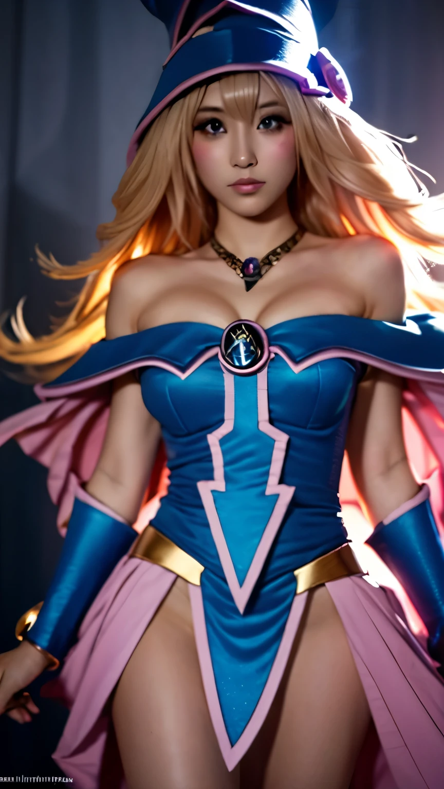 a beautiful dark magician girl in a revealing dress, posing seductively, very detailed facial features, radiating dress, full body view, magical background