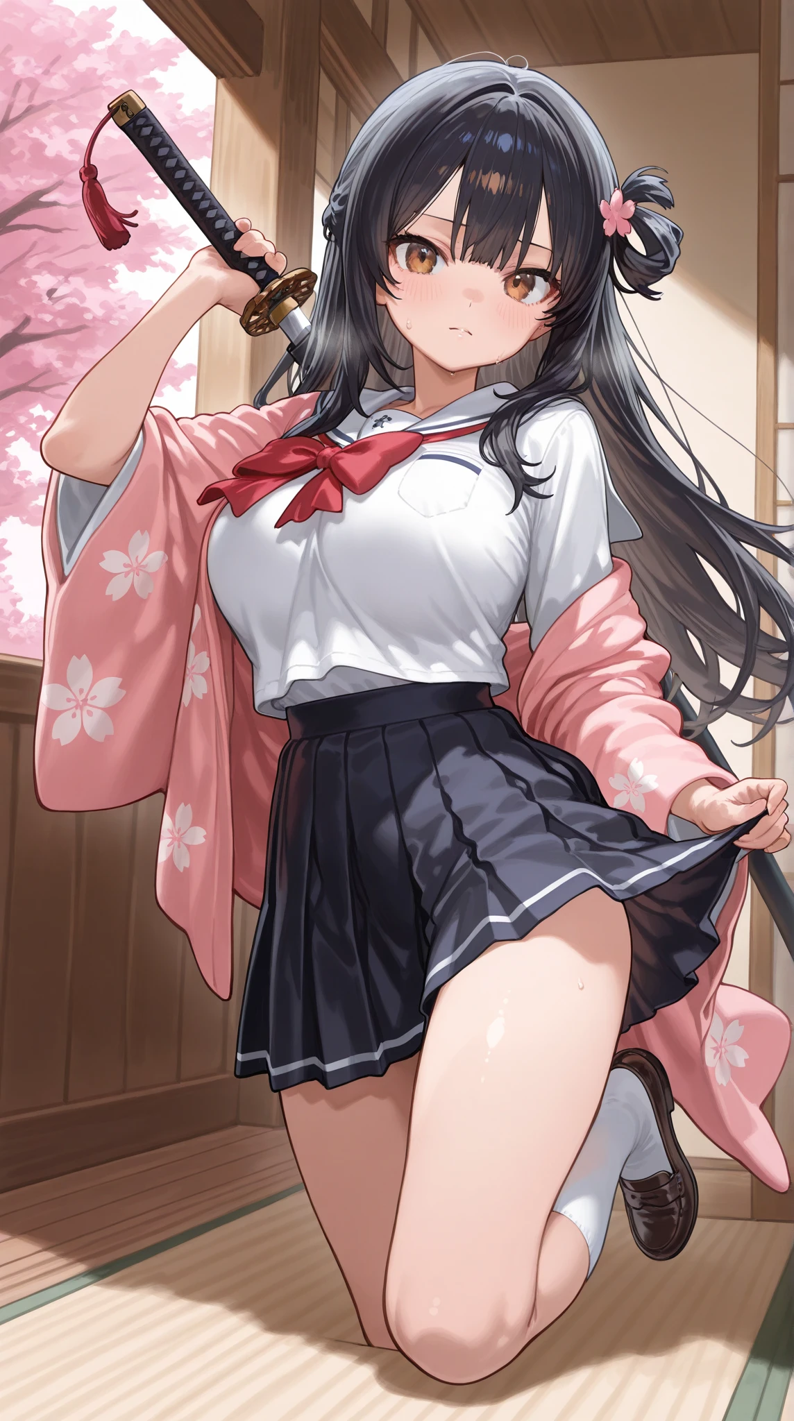 (((Pixel Perfect, Perfect in every detail,nsfw,,clothes lift,large breasts,light smile,dpubic hair,alon,solo focus,clothes lift,1 girl,black thigh-high socks))),masterpiece, highest quality, High resolution, morning, Long Hair, Black Hair, hair band, , Sailor collar, Blue Blazer, Long sleeve, Pleated skirt, Blue Skirt, Black Pantyhose, Put your arms behind your back, cherry blossoms, Outdoor, Are standing, Cowboy Shot, smile, Open your mouth, Leaning forward,