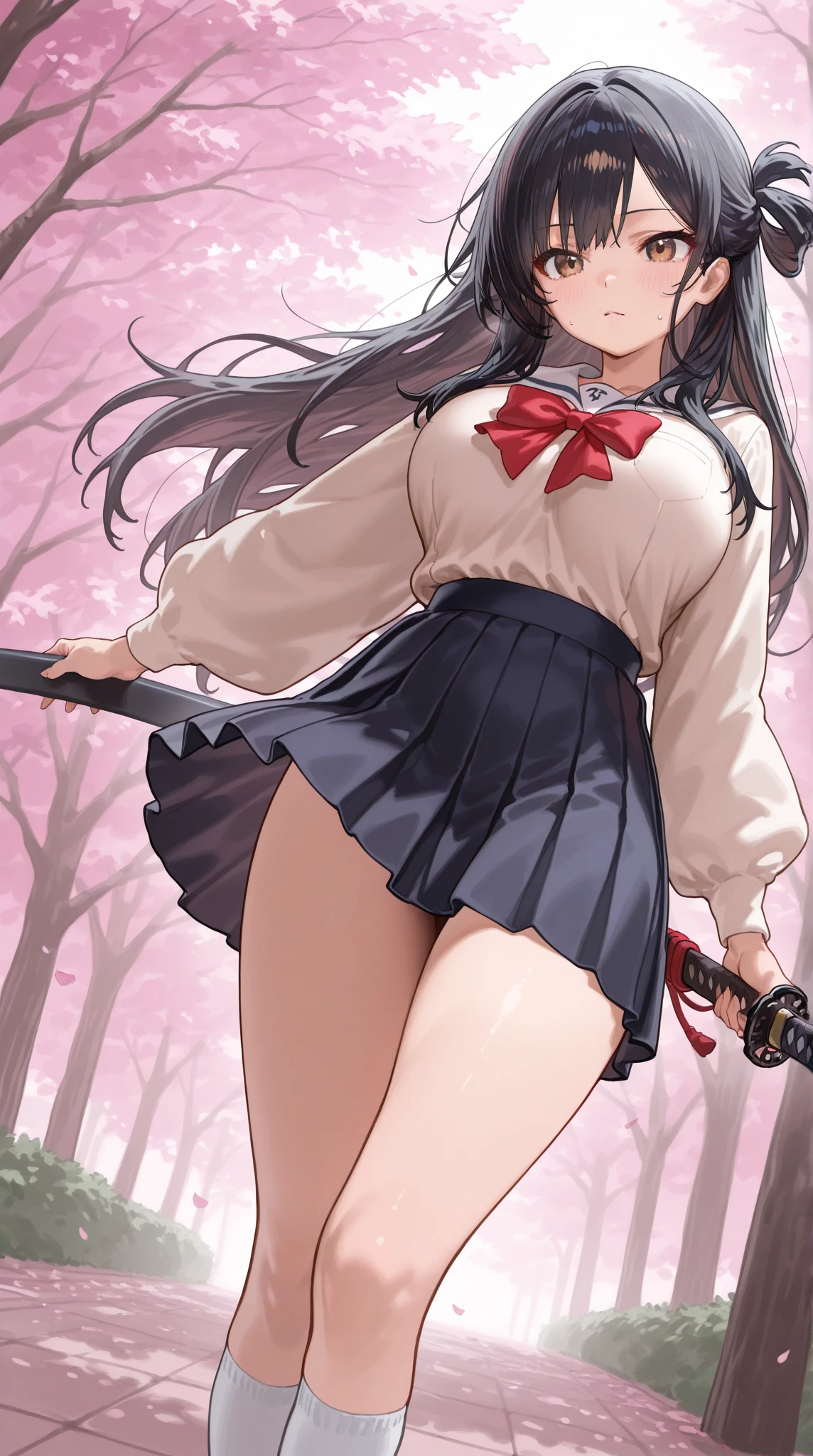masterpiece, Highest quality, Sophia Estido, Barrette, Pink Shirt, corset, Pencil Skirt, stockings, Knee-high boots, standing, ((Holding a sword in his right hand)), Combat pose、Spread your legs、Bend both knees slightly、Quiz Formula, Looking at the audience, rocky coast, big, null, (Squat:1.5)、(Spread your legs:1.5)、((Showing white panties))、Good lift、Showing off a white bra、Troubled face、climax、Excited、close your eyes、Open your mouth、ahegao、Sword Drawing Technique, Battoujutsu、Red cheeks、Shirt lift、Place your heels on the ground