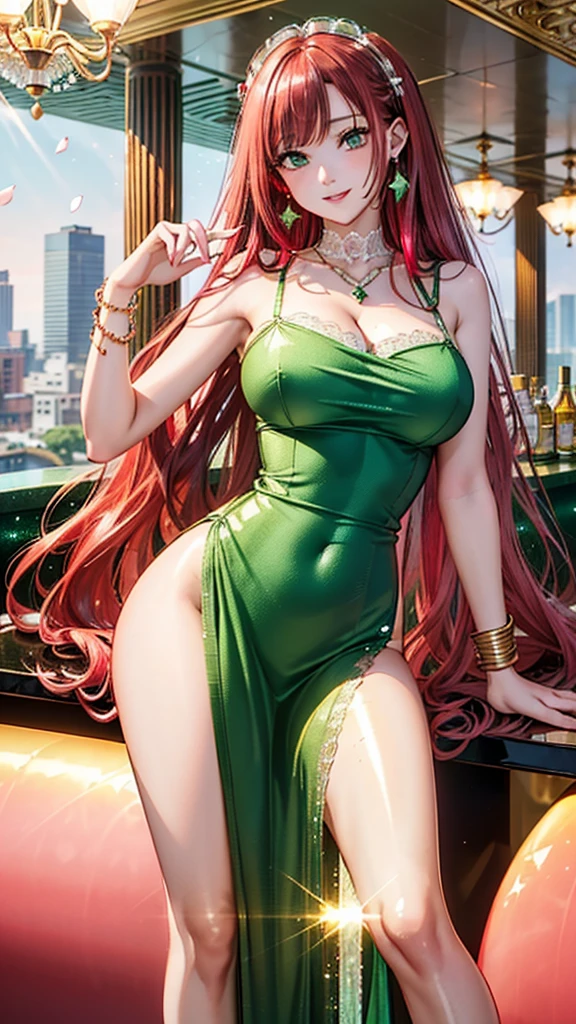 Uma bela jovem mulher,(master part), (melhor qualidade), (super delicado), (插圖), (extremamente delicado e bonito), (dinamic angle), anthropomorficfic, (lindos e delicados olhos verdes-), rodada peituda Brest ,rosto delicado,pele vermelha (corpo inteiro),(figura de comprimento total), cabelos flutuantes,cabelos vermelhos longos, chifres ornados, and romantic look,registrou uma vestimenta imponente e sensual,olhar sexy