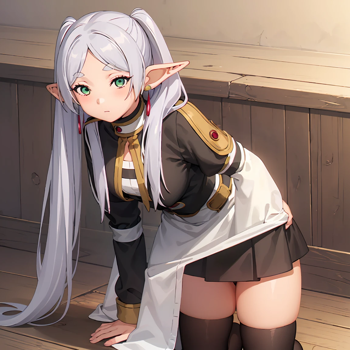 (detailed red panties,latex panties, brocade),1girl,solo,elf,white hair,grey hair,earrings,pointy ears,long hair,ponytail,green eyes,twintails,parted bangs,thick eyebrows,, sit with your heels on the ground、hold your knees with both hands,open legs,squating,(((straight-on))),nsfw,masterpiece,best quality,highres,8k