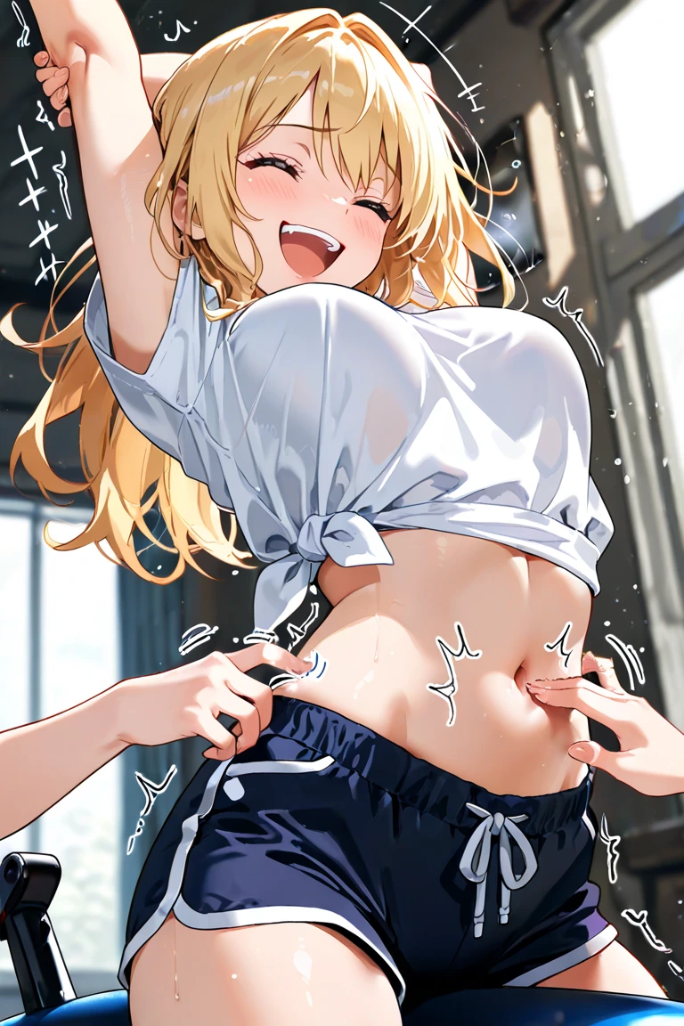 Highest quality, Super detailed, masterpiece, Ultra-high resolution, 8K, Embarrassing, blush, Lovely, Close one eye, With tears in her eyes and her mouth open, drooling, (arms behind head), wariza, (off-shoulder white shirt, micro mini skirt), cleavage out, crop top navel, 1girl, kousaka kirino, ore no imouto ga konna ni kawaii wake ga nai, medium breasts, Absolute area, Waistline, (Shower room, I take a shower)