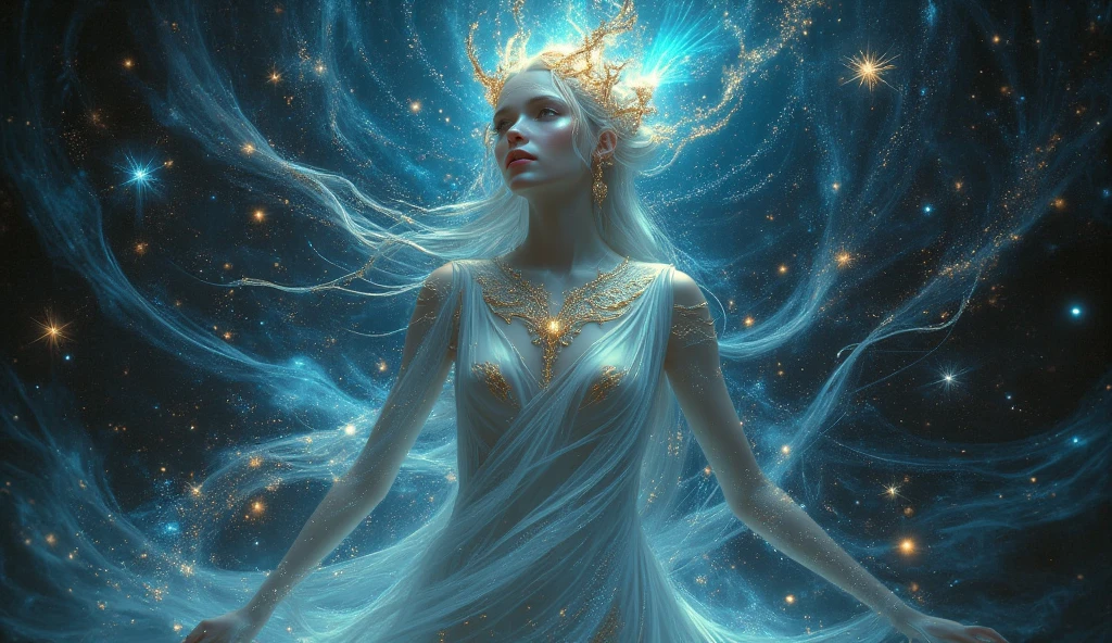 (A powerful and ethereal goddess fused with the River of Time:1.5), (full-body depiction:1.4), (flowing robes made of shimmering water and glowing sands of time:1.5), (her hair cascading like a waterfall, infused with glistening time particles:1.4), (eyes glowing with ancient wisdom and the passage of centuries:1.4), (one hand holding an hourglass with the sands flowing endlessly:1.4), (the other hand gently guiding the river of time around her body:1.5), (the river wraps around her form like a protective coil, with currents representing past, present, and future:1.5), (symbols of time—clocks, sun, moon, and stars—integrated into her flowing garments:1.4), (background depicting a cosmic landscape where time flows endlessly:1.4), (a radiant aura of blue and gold hues surrounds her:1.4), (detailed facial features with a serene, knowing expression:1.4), (ethereal light and mist around her feet as she walks on the river of time:1.3), (highly detailed and intricate design:1.4), (surreal and majestic atmosphere:1.3), (vivid and harmonious color palette:1.4)