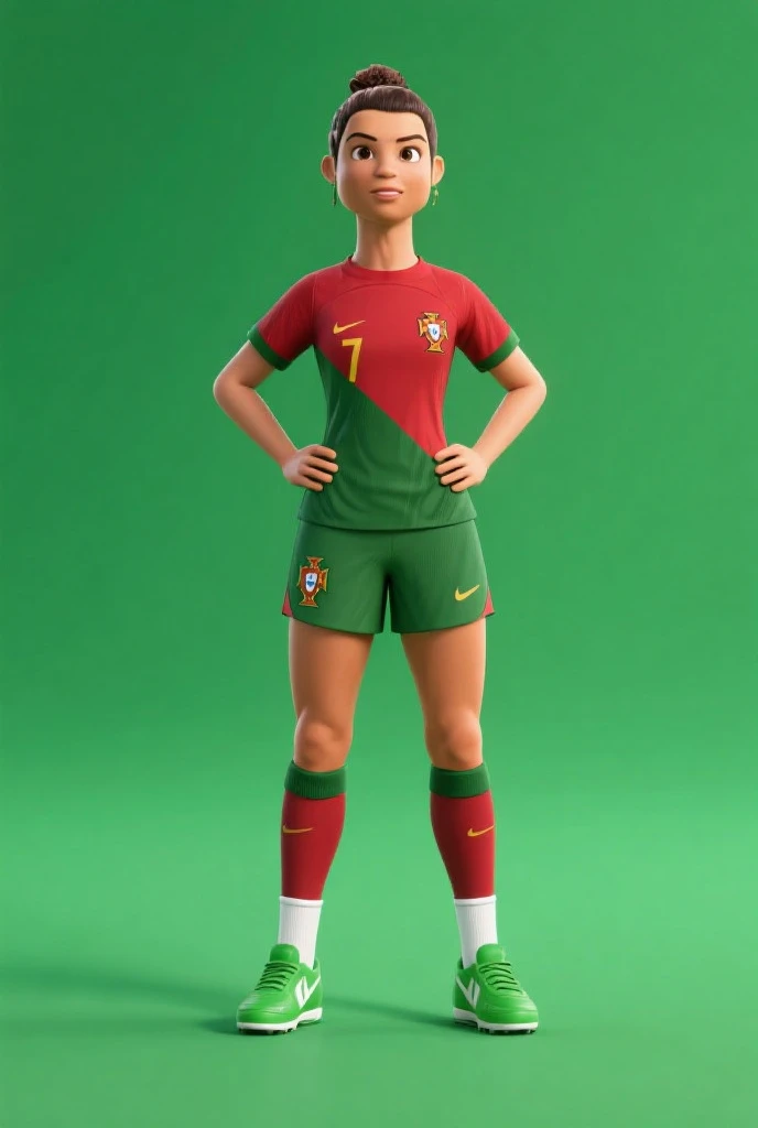 <lora:Aline_Koto512B1:0.5>, 1girl, xyzaline, brazil_color, brown hair, bun, 3d, cycles render, shorts, soccer_uniform, soccer, red shirt, green shorts, pattern, cleats, running