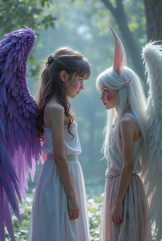 two blonde children dressed in costumes with masks and feathers, award winning fotografia de terror, fotografia de terror, angelic and unsettling, arte de terror surreal, 2 anjos, imagem assustadora espiritual, fotografia assustadora, , surrealismo assustador
