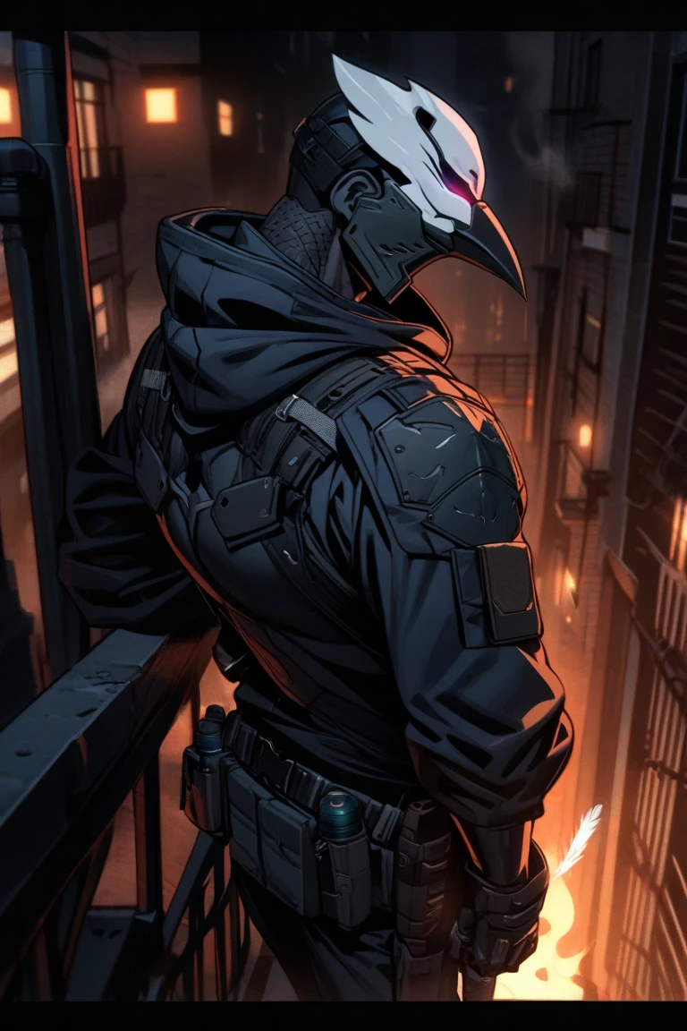 white lop-eared rabbit guy, Eternal smile,thin build, sinewy, elongated,with red markings,dressed in black camouflage, the jacket was short, white t-shirt, the trousers had straps with a pair of straps and were in an X shape. soldier&#39;s knee - high boots