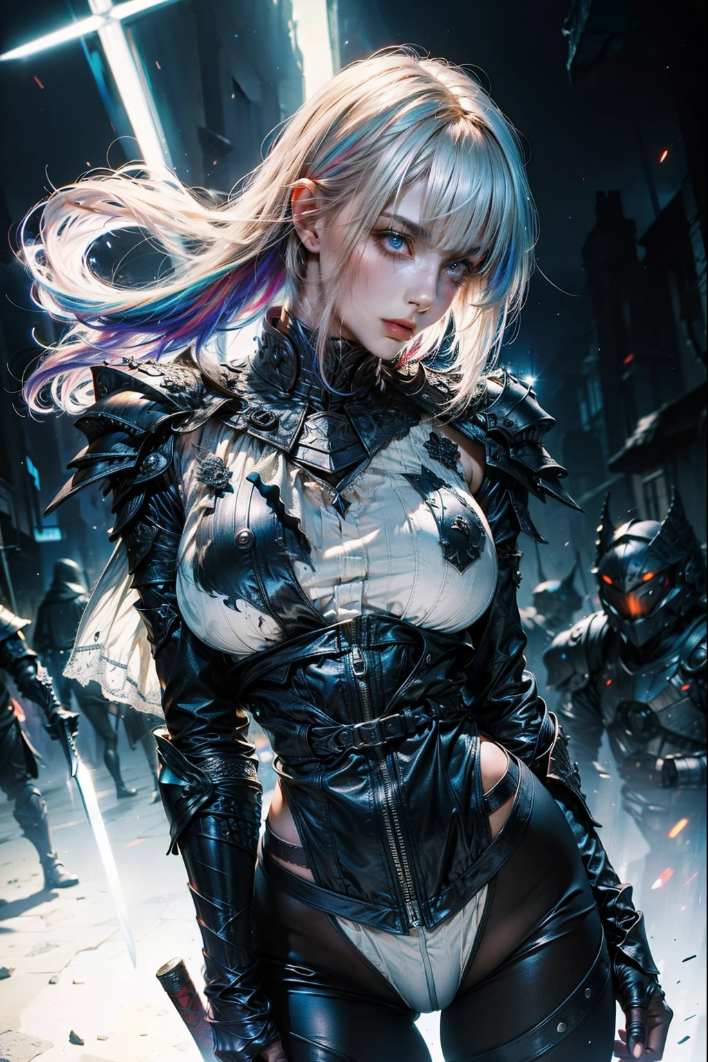 (8k, RAW Photos, 最high quality, masterpiece:1.2), High-quality RAW color photos, Professional photography, Cinematic Light, alone, ((hero girl)), Attache, Portrait of a Hero, A very delicately crafted award, Military uniforms and hats, ((Eye patch:1.3, 装飾が施されたEye patch))(blonde, Blue colored eyes, short hair), (Slim figure:1.4), Very detailed顔と肌の質感, Thin face and eye details, Flowing hair, A strong and determined look, Standing pose, look up, ((Night Sky, Otherworldly landscapes, Background of the ruined city:1.4)), 最high quality, Very detailed, Dark, Dramatic lighting, Brave pose, High resolution, Sharp focus, Gazing Eyes, Beautiful Skin, Shiny skin, Deep shadows and highlights, (((Perfect Fingers, Five Fingers, Anatomically correct))), Background blur, high quality, Bright colors, Award-winning photography, Realistic light and shadow with attention to detail, Immersive 3D Rendering, Professional 3D Art,