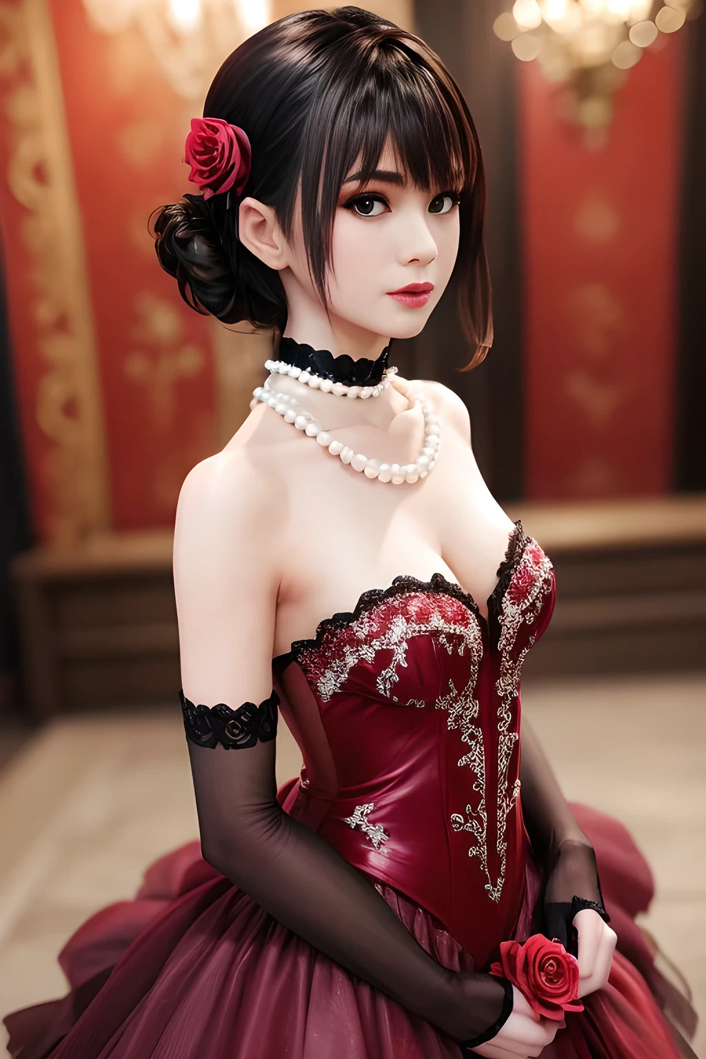 a Caucasian woman, around 20 years old standing wearing a red and black Victorian dress with a red and black Victorian coreset and high heels, diamond necklace and earrings, shirt less, braless, very expensive jewelry, very feminine and attractive, sexy seductive smile, black wavy hair, surreal bright vivid green iris, vivid green iris, red lips, red fingernails, very large firm breast, uncensored, high heels, beautifully hand crafted jewelry made of rare gems, romantic candlelight in a medieval setting, beautiful lighting, photorealism, beautiful realistic eyes; fantastic face, warm dreamy lighting, volumetric lighting, pulp adventure style, fluid acrylic, dynamic gradients, vivid color, illustration, highly detailed vector curves, simple, smooth and clean, vector art, smooth, Johan Greiner, character design, . 3d shading, cinematic, ornate patterns, elegant organic farming, hyperrealism, posturized, collection of masterpieces, lush vivid colors, twilight, wet gouache, view whole body, no extra limbs, no plastic look, no cartoon look, view from front