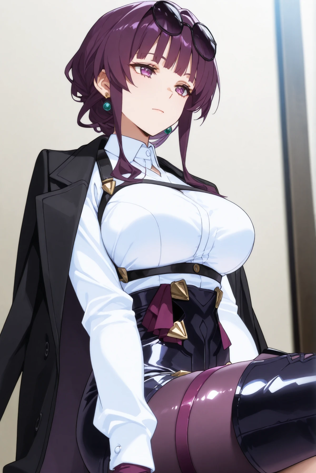 Masterpiece, best quality, source_anime, anime screencap, anime coloring, anime screencap,1girl,sagawa,shiny outfit,shiny skin, kfka, purple eyes, purple hair, bangs, sidelocks, eyewear on head, earrings, white shirt, collared shirt, long sleeves, black jacket, jacket on shoulders, harness, large breasts, purple gloves, black shorts, high-waist shorts, purple thigh straps, pantyhose, single thigh boot