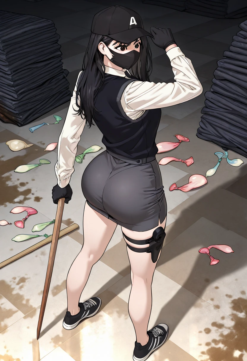 (masterpiece, best quality) (((8K best quality))), ((Intricate details)) ((blush)),wet, Sweating, White skin, Baseball cap, Freckles, ((Akimbo,Angry expression)),, NSFW clothing, ((Correct hand holding a baseball bat)), Short skirt, ,, beautiful clothes, Perspective material, student, Strike a pose, , Thick thighs, wet clothes, See through clothes, stocking, ((( Thin waist))), cute blush face,