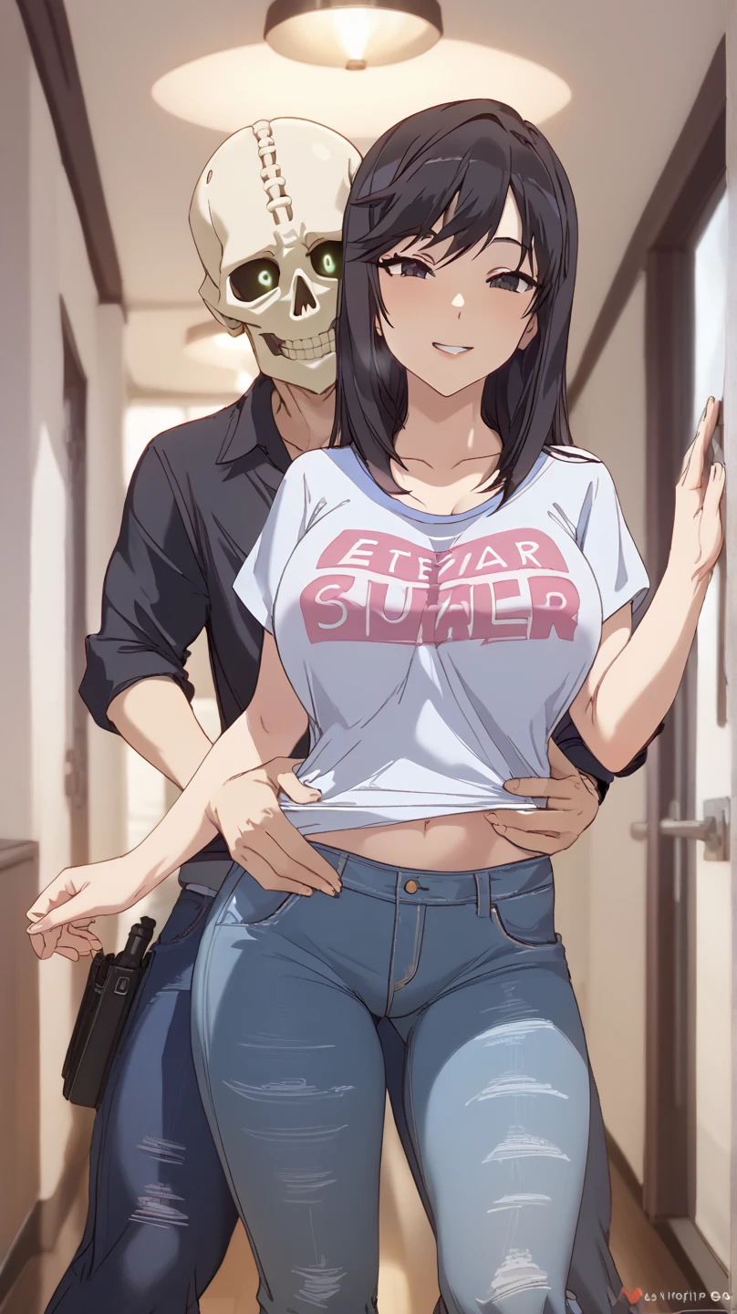 1boy,1girl in、Complete human body、​masterpiece, top-quality, hight resolution, 1girl in, Upper body peephole door, Open the door, doorways、Little Beautiful Girl、Dark hair、Shortcut Hair、cute little、off shoulders、Plain white wet oversized loose T-shirt、((((Yor, Sweat,steam,Lower grade)))),Sneaky macho faceless man standing behind a girl and putting his hand on her shoulder、tall dark-skinned man、Middle-aged man in bikini swimsuit、the man grins、man with beer can、Drunk man、Half-naked man