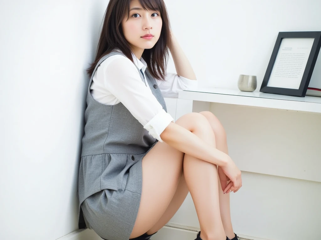 top-quality、超A high resolution、masterpiece、((Vast depth of field))、((2 girls:1.4))、(Good anatomy:1.2)、(Photorealsitic:1.4)、(1 Japan Office Lady:1.3)、(tiny chest)、Slender face、White and beautiful skin、Slimed、((looking at viewert))、 Looking at the camera、In the office of the company、Black Business Clothes、、((Spread legs:1.4))、(up skirt:1.3)、(Woman Pulling Up Skirt)、(Beautiful female genitalia、Emphasis on female genitalia、Woman showing off female genitalia、Photos that focus on the face、taken from the under)、(From below)、((Close-up in the crotch))、Low position shots