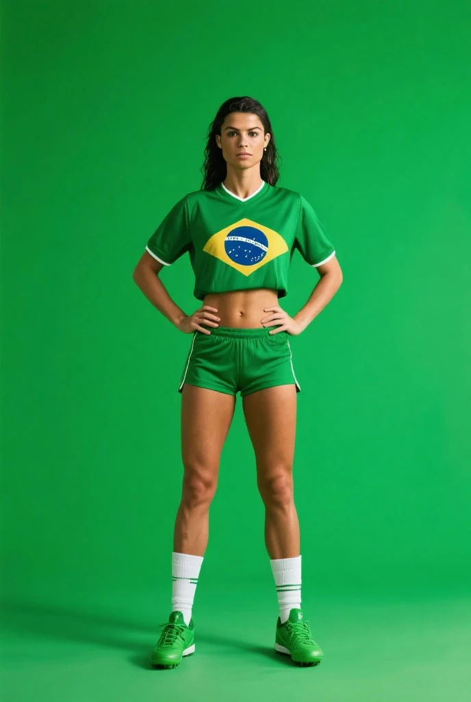 A woman wearing a medium-length skirt, green with a yellow stripe on the horizontal bar, along with a tight white t-shirt with a green gradient on the shoulders and with jaguar details on the short sleeves of the t-shirt and with the Brazilian flag and the symbol of the Olympics on the t-shirt.