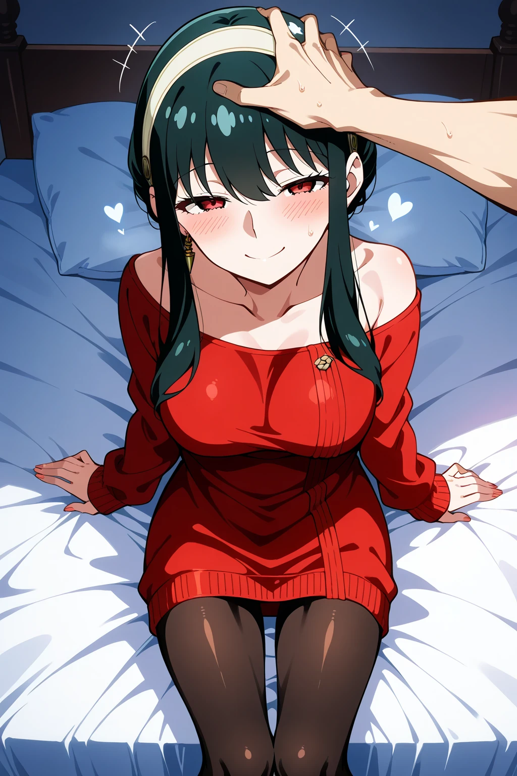 ((nsfw)),vaginal 、sex、Bedroom、on the bed、lie down、fall down、On your back、Watery eye、blush、Glaring、tohsaka-rin, (red sweater:1.5), skirt, sweater, Thighhighs, turtleneck、black hair、shiny hair
