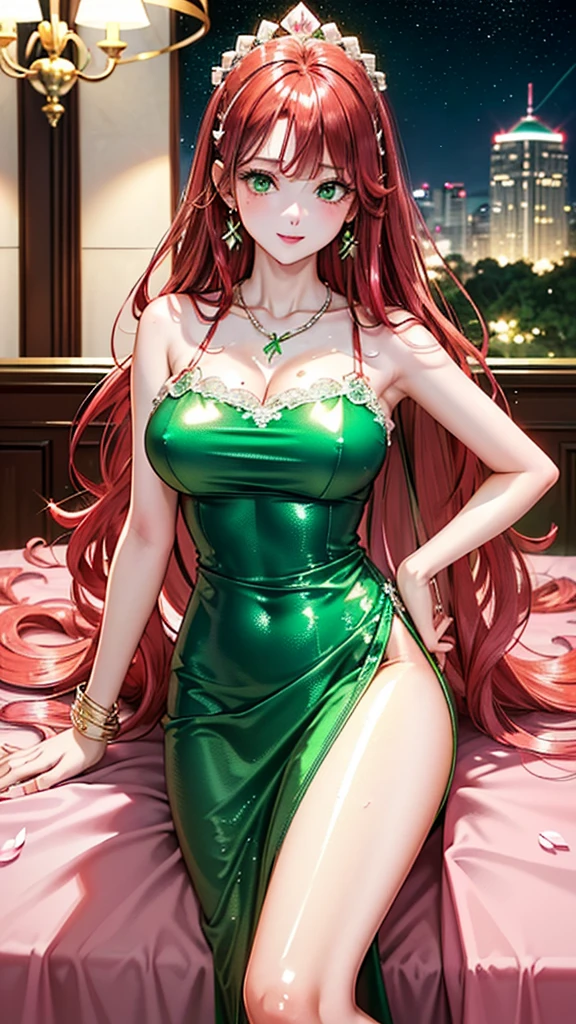 Create a 26-year-old anime girl with a violet ball gown with large breasts and wide hips with a landscape of a luxurious room with red hair and green eyes.