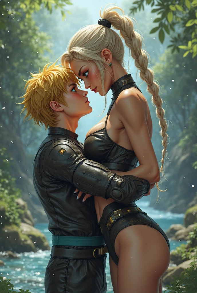 The artwork is a masterpiece with the best quality, featuring a furry girl named Pirate Tawna. She has two-tone hair, ear piercings, detailed green eyes, and short hair. She is wearing a jacket that reveals her cleavage, and she has her arms crossed while looking at the viewer with a smile. The scene is set in a forest in a cartoon style, and Pirate Tawna is the only character present. She is not human, but a humanoid furry.
In the scene, she is face to face with a handsome teenage boy who has lost everything. He is wearing a hoodie, and his face is buried in her chest as she gives him a hug. Although he looks sad, Pirate Tawna is offering him comfort and support. The artwork showcases the detailed eyes of both characters and captures a touching moment between the two.