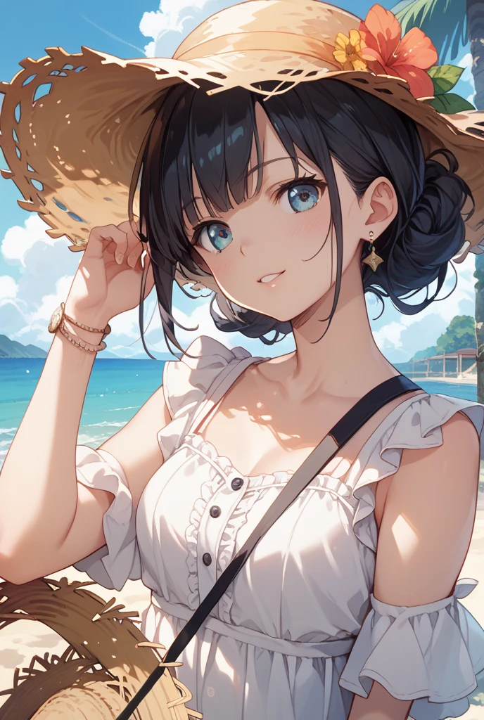 She was an attractive Japan college girl who loved the ocean。She had long, wavy black hair that fluttered in the wind.、Had deep, narrow eyes that sparkled like the sea。Her face is graceful and friendly、There was a delicate nose and plump lips。Her skin is smooth and radiant,、My cheeks were slightly red.。Her body is smooth and graceful.、Had natural curves and balance。She wore a white one-piece swimsuit。The swimsuit is made of cotton.、It felt soft and comfortable。The swimsuit has a halter neck that shows the shoulders and、With Roebuck showing his back、There were frills that added femininity。She wore a straw hat with a blue ribbon on it.、A cool and sparkling intelligence-enhancing bracelet made of glass of the same color as the eyes, and、A necklace made of shellfish that shows a love for the smooth and natural sea.、She also、I was wearing sturdy and durable casual and relaxed sandals made of leather.。
She was sitting on a wooden bench on the pier of a seaside town。The pier was surrounded by boats, fishing nets and seagulls。The sea is calm and blue、The horizon was clear and endless。The sky is clear and bright、The clouds were fluffy and white。The background has depth and perspective.、It looked realistic and three-dimensional。(quality: 2) (picture quality: 2) (detail: 2) (masutepiece: 2) (Official art: 2) (meticulously detailed masterpiece: 2) (realistic in every detail: 2)
She smiled kindly and looked at the camera、Showed a warm and sweet personality。She had a book on her lap。The book has a colorful cover with a picture of a mermaid.、It is made of paper and、It felt new and exciting。She opened the book and read the words softly。The words sounded like a fairy tale。She was holding an ice cream cone in her right hand。The ice cream cone has vanilla ice cream sprinkles on it.、It is made of milk,、It felt cold and creamy。She licked it with her tongue。It felt cute and playful。Although her eyes were expressive and charming,、At the same time, pure、Calm the viewer、There was also a s