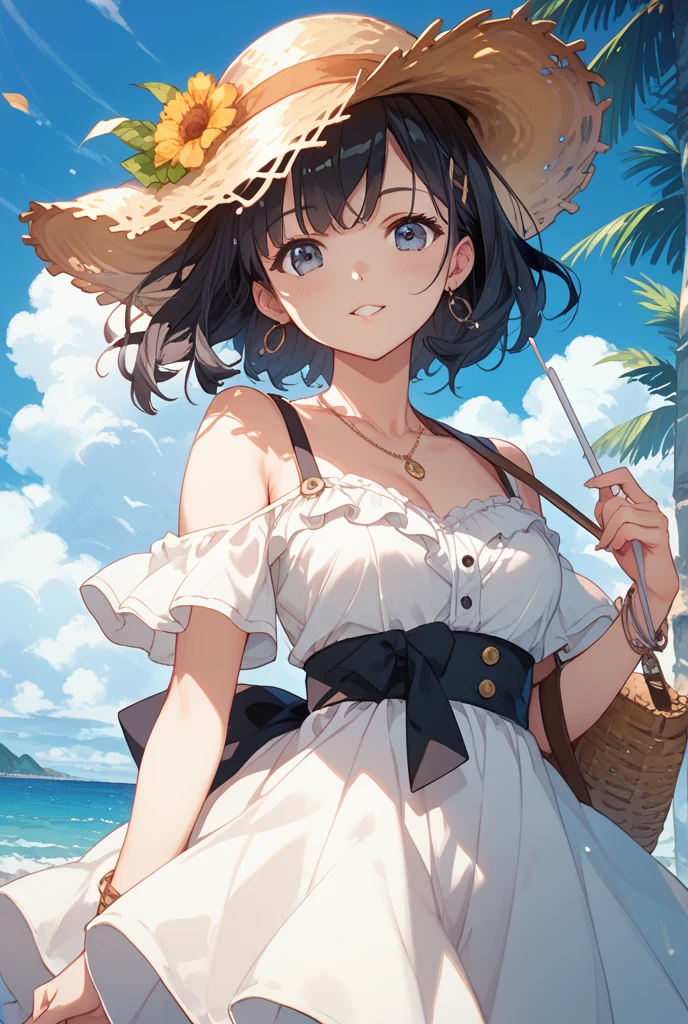 absurdres, RAW photo, extremely delicate, extremely beautiful, masterpiece, Best Quality, ultra high resolution, 32k, hyperrealistic, ultra-detailed description, perfect anatomy, pale skin, 20 years old, detailed beautiful face, detailed beautiful face eyes, tearful mole, earring, short medium hair, wavy hair, black hair, big tits, slim body, narrow waist, whole body, Practical pirate clothing, Long-sleeved pirate top, Skirt,Torn pirate hat, beach, white shirt,