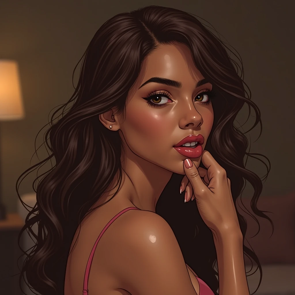 Chica humana, ella es japonesa, She has black Asian eyes, ella tiene cabello corto y de color negro con un estilo de corte tipo Rachel, ella es delgada, ella tiene un cuerpo definido, she is wearing a violet bikini, ella tiene sus labios pintados con un color rosa, she is lying on a very detailed and elegant bed, background of a detailed hotel room, ella tiene caderas anchas, ella tiene unos pies y piernas muy suaves, she is very blushing 2D art style.