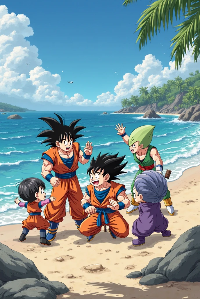 Goku on the beach with his friends 