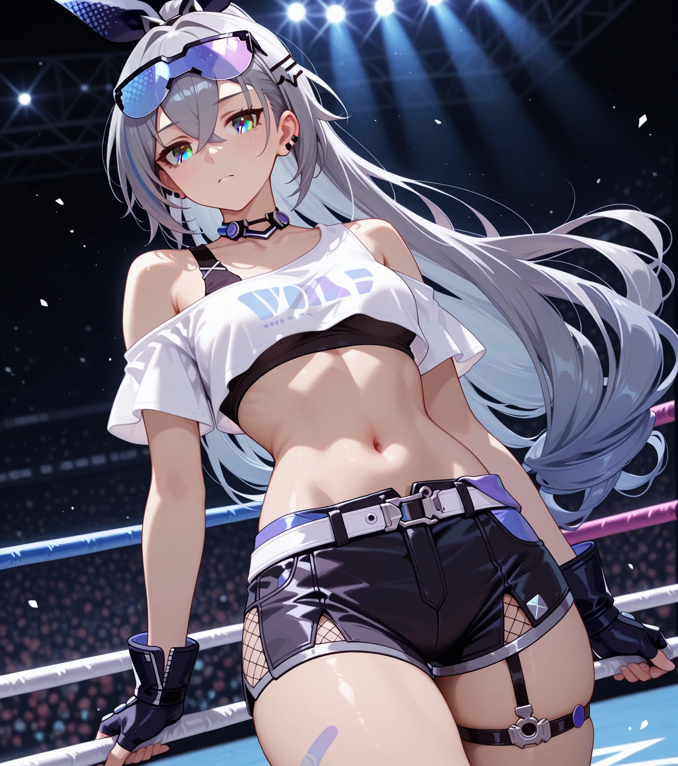 (girl,Black Hair,darkskin,Crown braid hair in bun,Grey Eyes,Large Chest,Wide ass,Abdominal muscles)Tank top,Shorts、夜の街で魔術を使うgirl