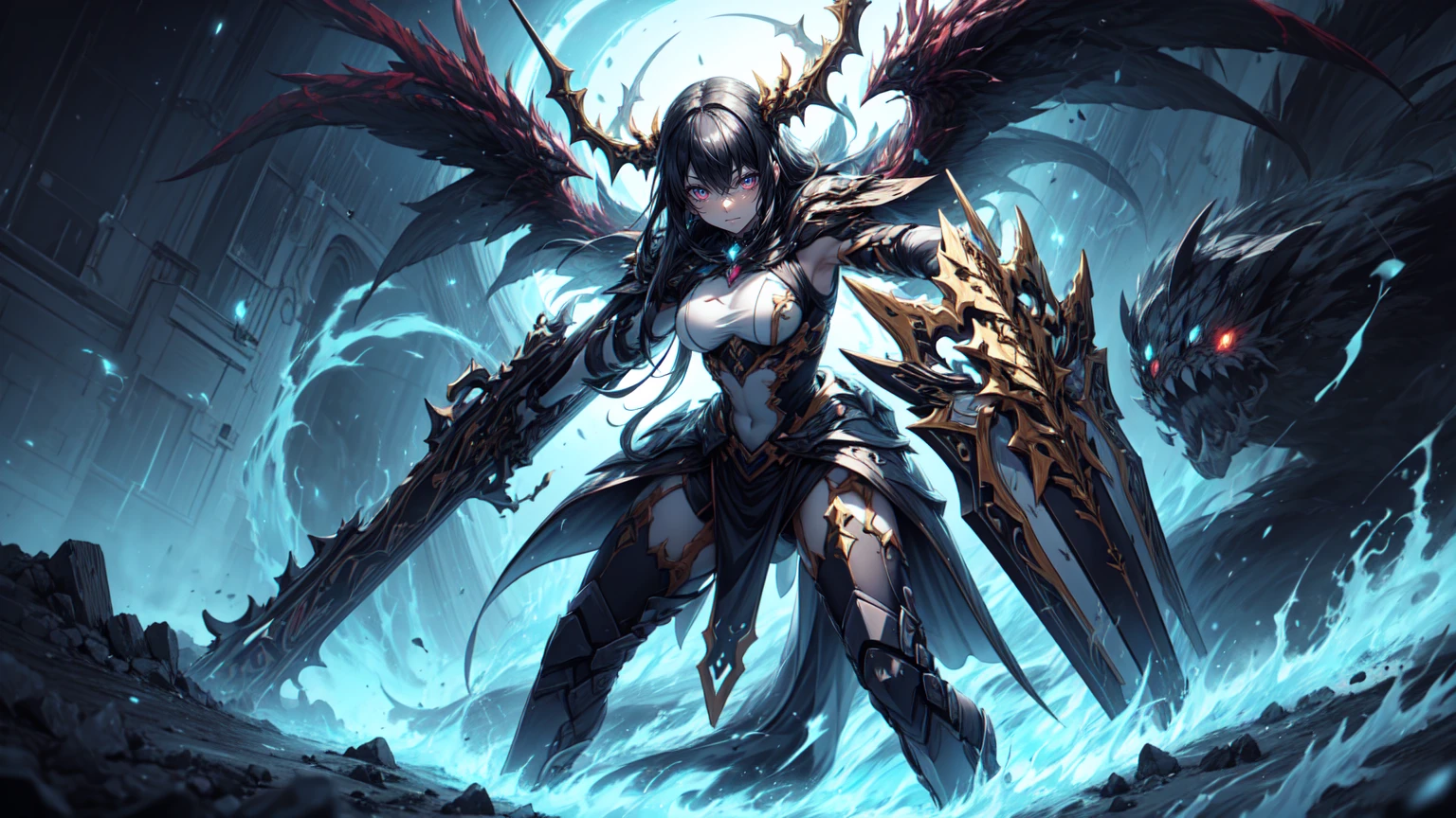 black long hair woman,goddess,,cleavage,black dragon horn,black dragon wing,black dragon scale,black dragon tail,Abdominal muscles,,claws,Thong full body standing dark cloud thunder and lightning