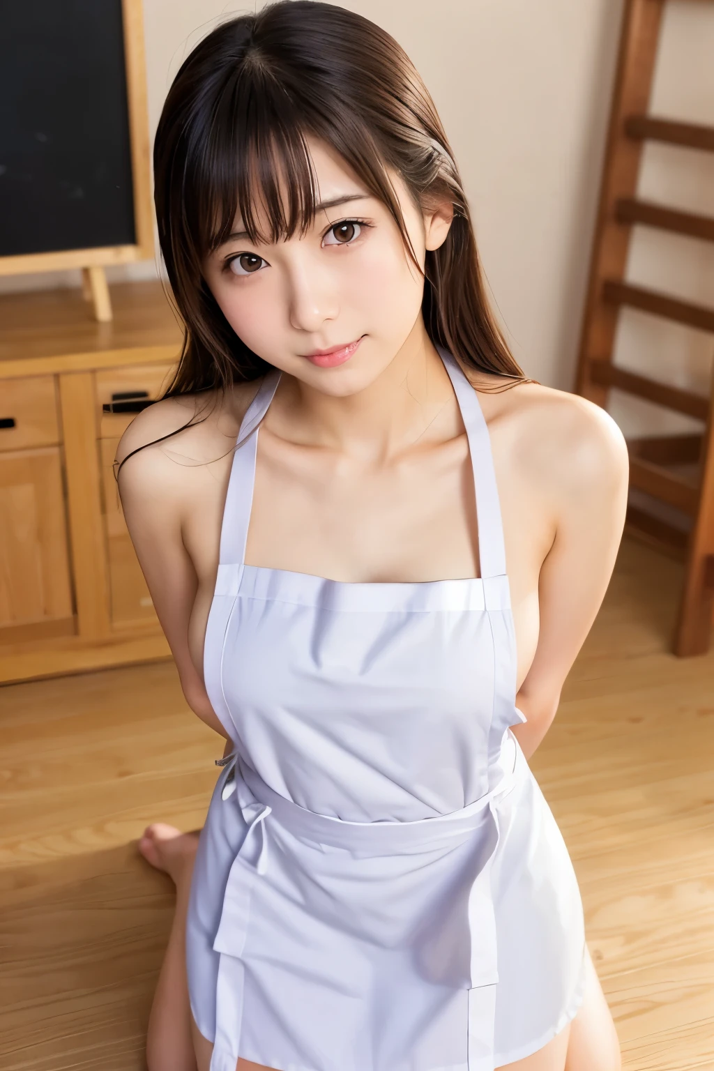 hightquality、masterpiece、ultra res、cute girl face、kitchin、barechested、pinafore、Naked apron、full bodyesbian、Famous actresses of Japan、very beautiful face