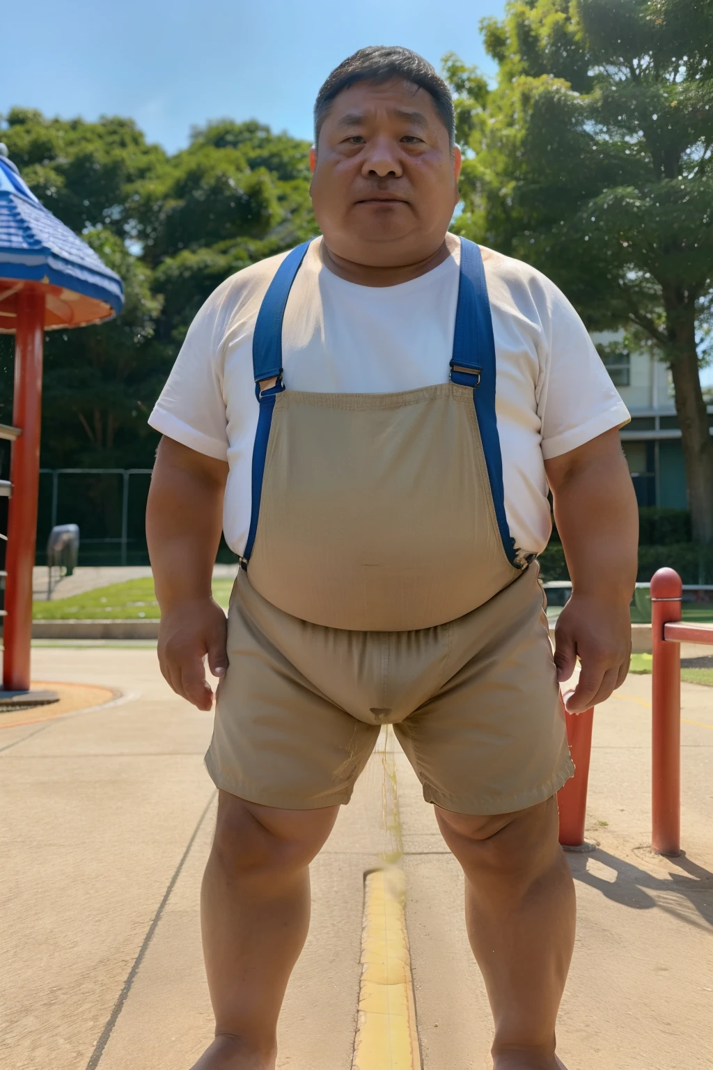 Thick Japan middle-aged man in his 50s, 1man, retarded, He wears a Big Diapers and Rompers, Bare Thighs, Pampers, shirtsless, ((peeing self, wetting self, pee stains,)), ((trembling, fear expression, scared, looking at viewer)), kindergarten background, It's a sunny day, Incontinence, He stand and cried in playground, Full body, a picture, 8k, high detail photo, Masterpiece