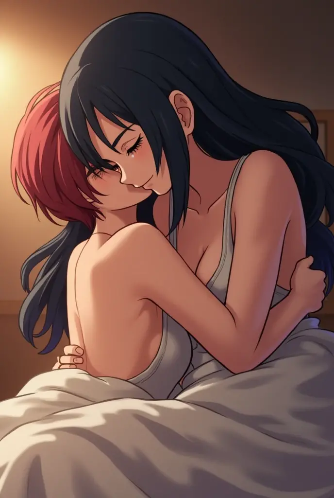 Wonder Woman kissing Bayonetta on a bed