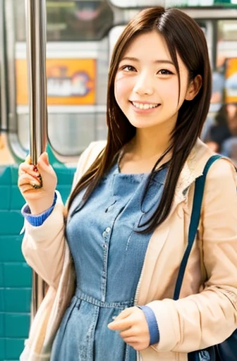 Japanese、woman、Brown Hair、Hair is fluffy、smile、Cleavage、Look straight ahead、Minami Hamabe、crowded train