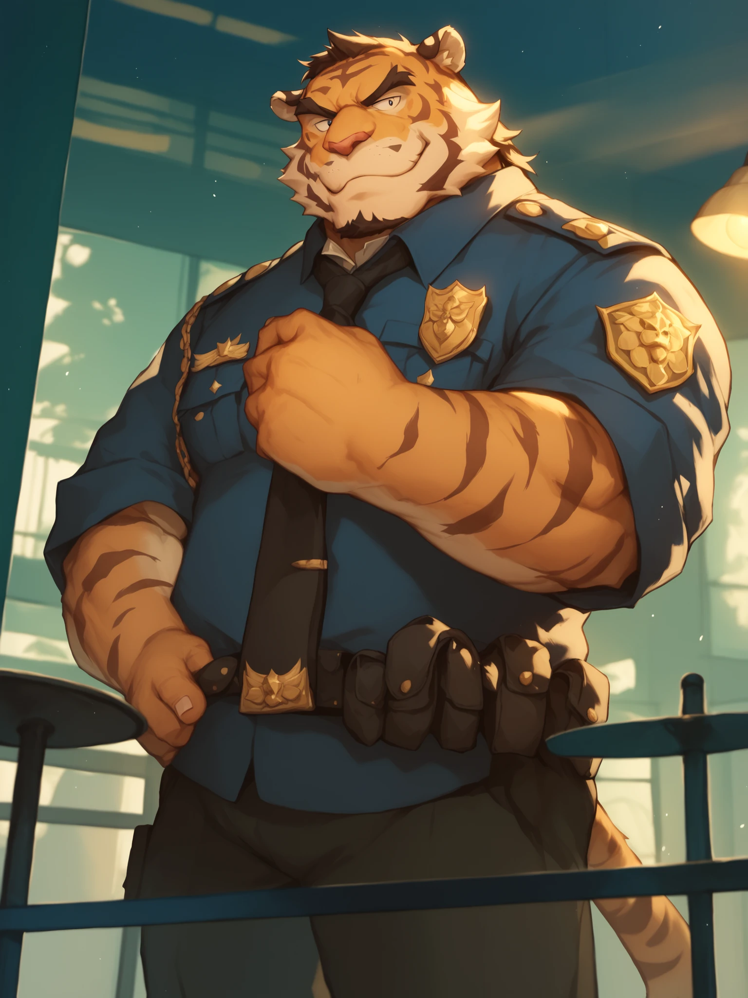 (Male, musclechub,thick arms,wide shoulders,bulging biceps,filled-out frame),(chubby cheeks,soft stomach),open shirt, jockstrap, happier expression,firm stance,(police badges,uniforms),patrolling the streets,daytime setting,impressive physique,attention to small shadows and muscle definition,enhanced realism,masterpiece:1.2,high-resolution:1.2,ultra-detailed,professional photography style,vivid colors,warm color tone,soft sunlight filtering through the buildings,creating dramatic shadows,highlighting the characters,(ssmile)，Sunny and cheerful