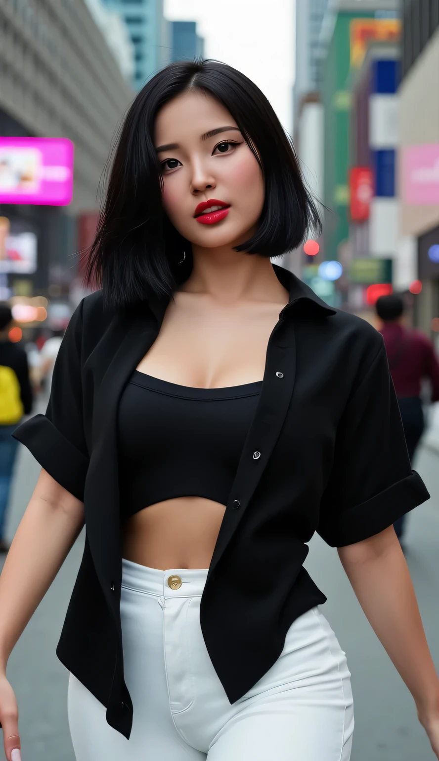 a woman, walking in the middle of town, facing the camera, use black open shirt, use leggings of white color, huge breasts, red lips, black hair, sexy body shape, lustful expression