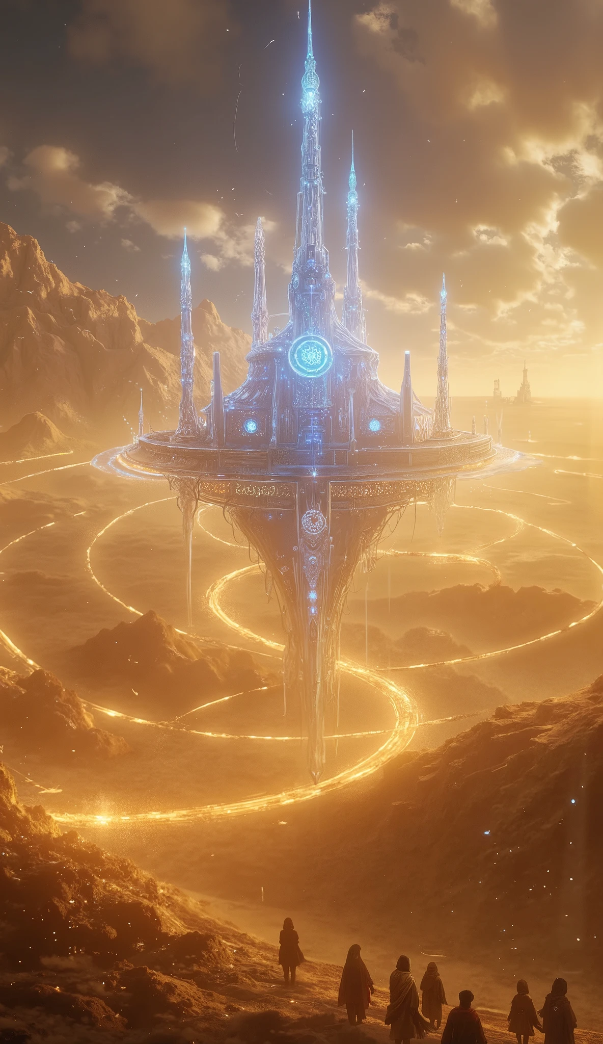 Zairan, City of the Northern Wind
Floating above endless golden sands, Zairan drifts like a celestial ark—raised by ancient faithful to escape soul-eating fiends of the desert below.
At its heart towers Al-Ruh Mosque, its crystal minarets piercing the sky, adorned with glowing sigils. The call to prayer rings not from towers, but from ethereal birds gliding on shimmering wings.
Streets ripple like air currents, lined with floating stalls where merchants sell enchanted fruit and crescent talismans. Robes shimmer with wind-thread and holy script, worn by scholars and mystics alike.
Yet below, in secret vaults beneath the mosque, spirals the city of the jinn—keepers of divine secrets. They barter truth for time, whispering forbidden verses into the minds of dreamers.
One day, Zairan will descend—not in ruin, but in destiny. The mosque shall rise again as a beacon in the coming war between heaven and earth.
Zairan is not just a city.
It is a verse of divine poetry, still being written.