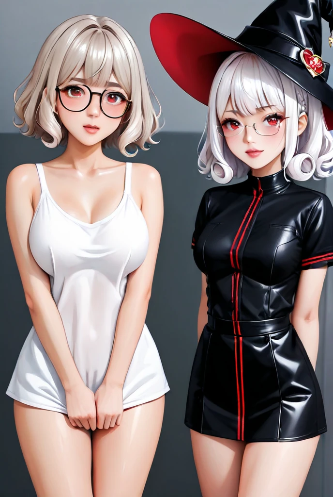 Ultra micro bikini and super mini skirt with nurse cap、(zippers)、high-heels、Staggered black-rimmed glasses、very thin eyebrows、(FULL BODYSHOT)、Glossy skin、,(20yr old）、cool expression、skinny body shape、large boob、Japan Idol Hairstyles、(magazine:1.3), (cover-style:1.3),Silvery hair、sexy for