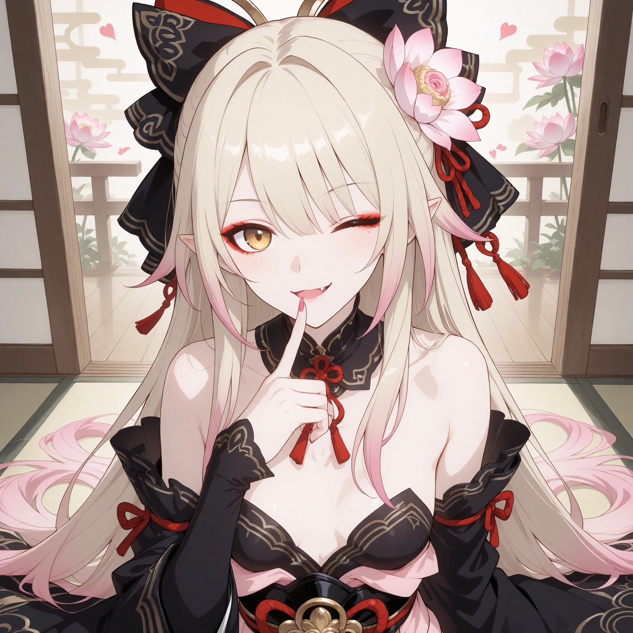 pale-blonde hair, Beautiful, Long Hair, (Rose gradient on hair), Golden Eyes  black kimono, cheeky, hair ribbon, alluring, fang, cunning, sly , sexy expression, mature, eyeliner, pale hair,detached sleeves kimono, flowy hair, japanese house background, cherry pink Stiletto nails, pale skin, pink lotus flower on hair, small breast, long kimono, pointy ears, sexy wink, finger on lip
