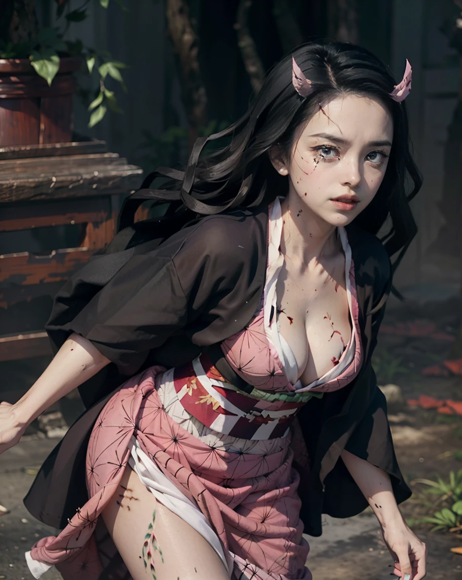ultra realistic photo of Nezuko kamado goddess of beauty, 8k, UHD, hottie with ultra giant breasts, huge long breasts sticking out of her kimono, with long hair and a sexy pink Japanese kimono, she doesn't wear panties showing her tattooed pussy, pubic hair showing, Nezuko with a piece of bamboo, (Nezuko, Nezuko-chan, Demon Slayer art style, kimetsu no yaiba), Hentai female anime character, (Nezuko, in her demon form, Huge breasts, giant long breasts , her breasts come out of her kimono, showing beautiful breasts), (the length of her ultra-giant breasts goes all the way to her toned belly, she has leaf tattoos running down her sexy erotic body), Demon Slayer rui fanart, wielding kunai, Marin Kitagawa Fanart , clean and detailed anime art, a very beautiful berserker woman, by Kamagurka, professional art, perfect detail, (Nezuko kamado in her demonic form showing her giant and hairy pussy, based on the demon Slayer kimetsu no yaiba), nudes, Nude porn